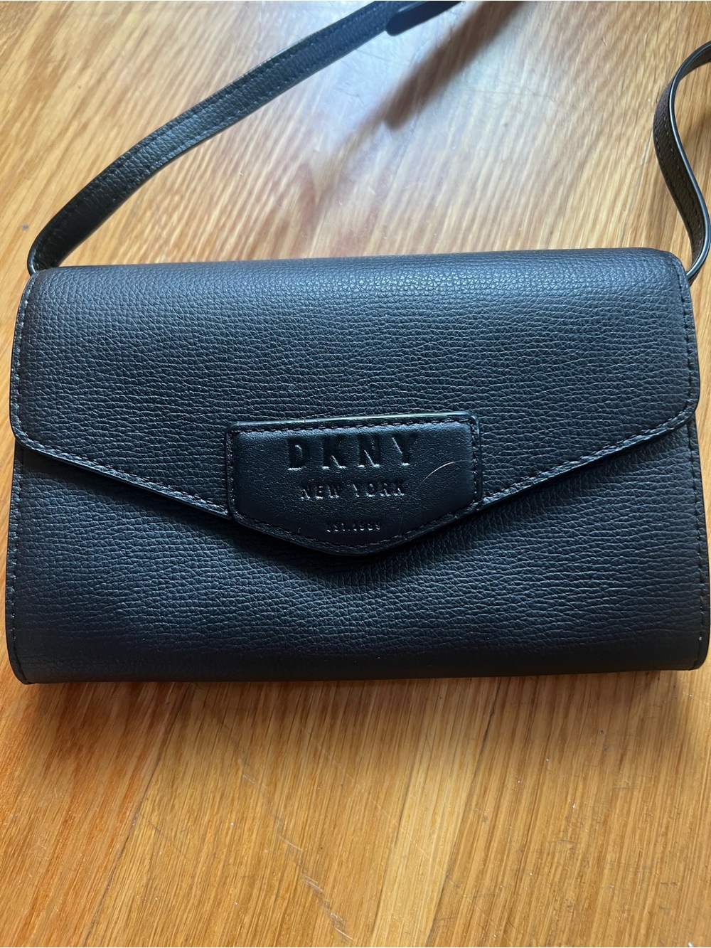 DKNY Black Pebbled Leather Crossbody Wallet Bag- measures 5 by 7.